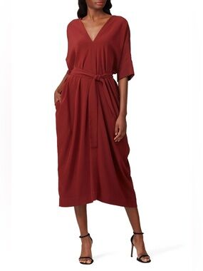 CO Collections burgundy Japanese Acetate poly blend double V midi dress, medium.